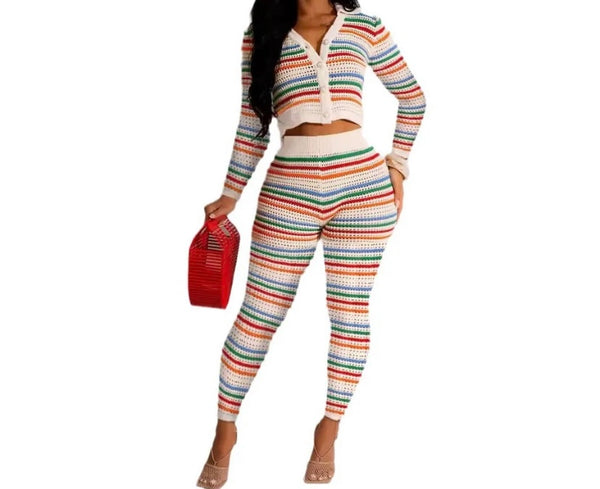 Women Fashion Button Up Full Sleeve Striped Two Piece Pant Set