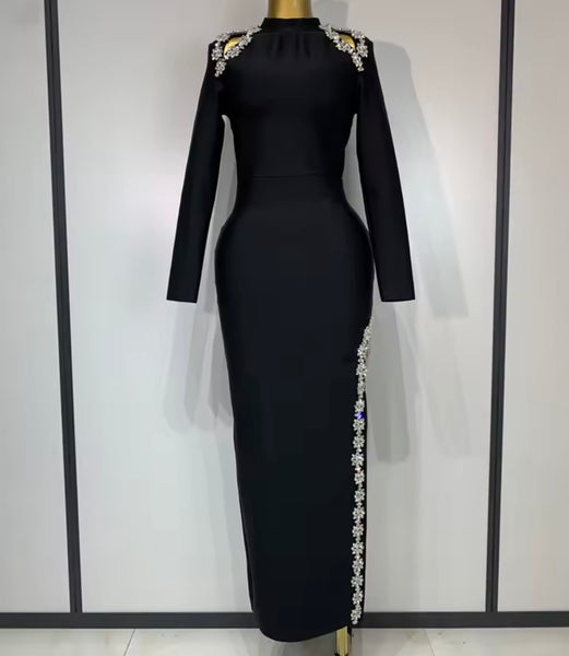 Women Black Rhinestone Floral Chain Full Sleeve Side Split Maxi Dress