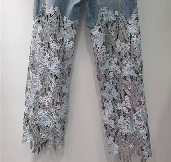 Women Fashion Embroidery Lace Patchwork Denim Pants