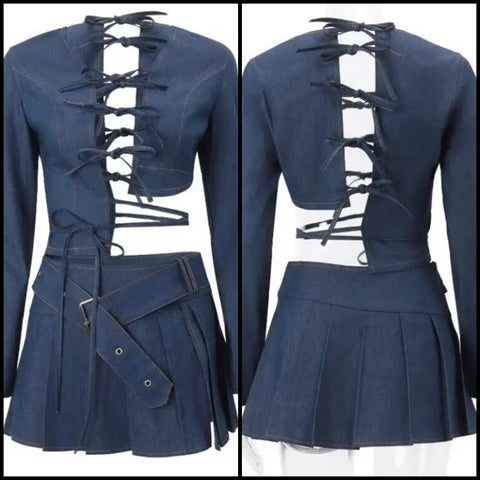 Women Sexy Full Sleeve Lace Up Two Piece Denim Skirt Set