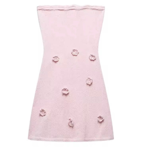 Women Strapless Pink 3D Floral Sexy Dress