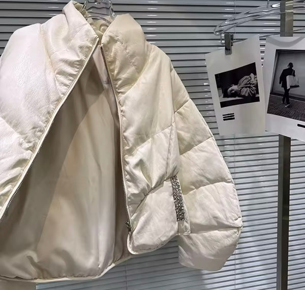 Women Fashion Rhinestone Pocket Puff Jacket