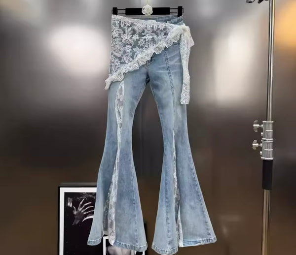 Women Fashion Blue Denim Lace Patchwork Pants