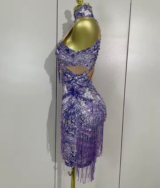 Women Sexy Purple One Shoulder Rhinestone Mesh Tassel Dress