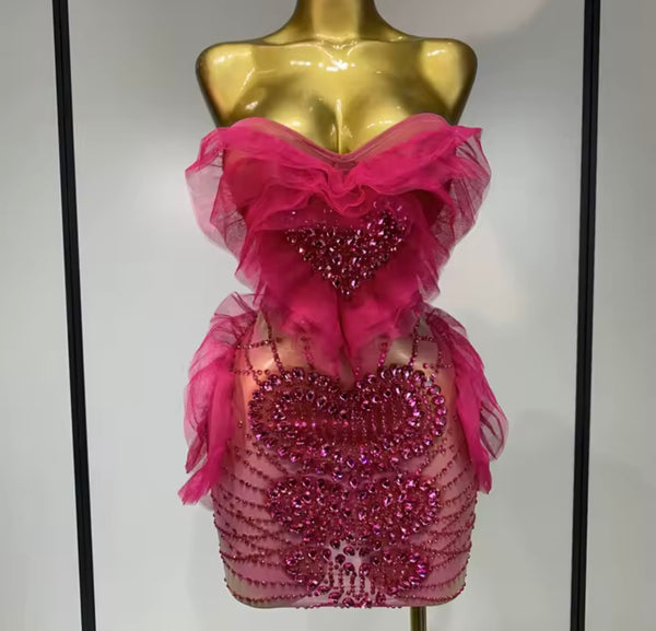 Women Pink Sexy Strapless Ruffle Rhinestone Mesh Dress