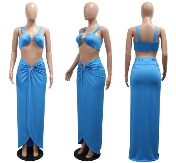 Women Metal Solid Color Sexy Sleeveless Two Piece Maxi Skirt Set