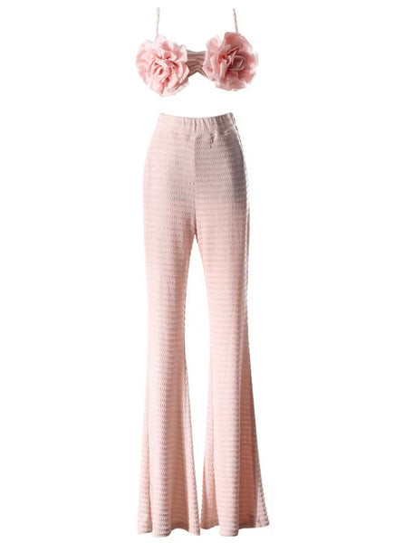 Women Pink Sexy 3D Floral Sleeveless Two Piece Pant Set