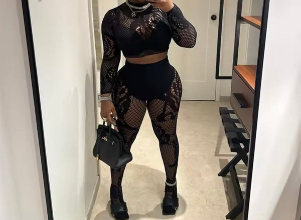 Women Sexy Fashion Full Sleeve Mesh Feet In Two Piece Pant Set