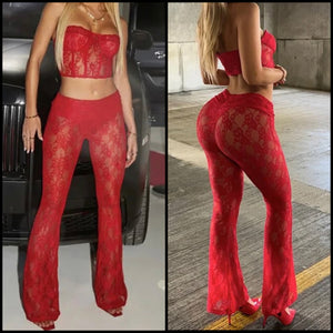Women Red Sexy Strapless Lace Two Piece Pant Set