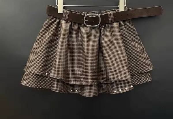 Women Rivet Zip Up Plaid Jacket Two Piece Ruffled Skirt Set