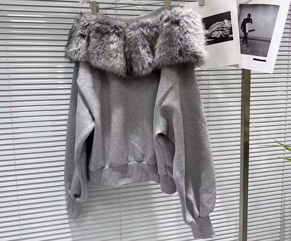 Women Gray Off The Shoulder Zip Up Fashion Two Piece Pant Set