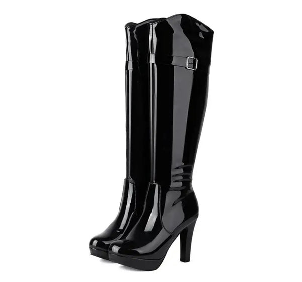 Women Fashion Round Toe Patent Leather Platform Knee High Boots