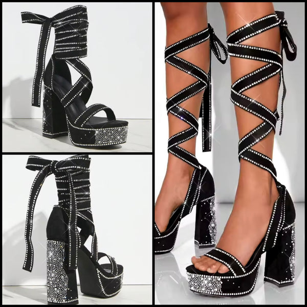 Women Fashion Suede Bling Lace Up Platform Sandals