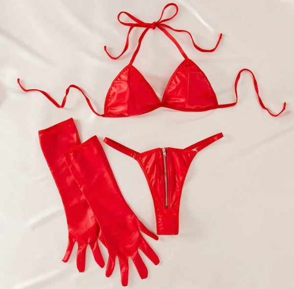 Women Sexy Red PU Glove Lingerie Set