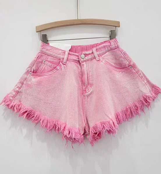 Women Pink Fashion Fringe Denim Shorts