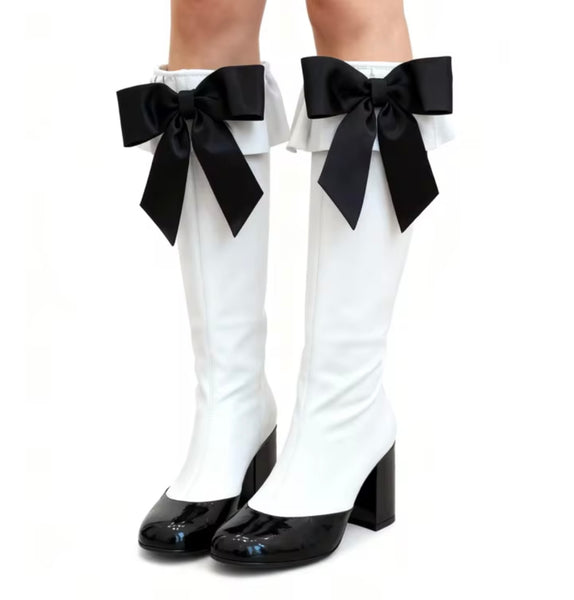 Women Fashion Ruffled Bow Faux Leather Knee High Boots