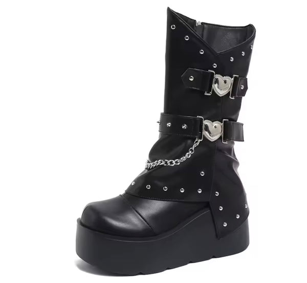 Women Heart Rivet Chain Zip Up Platform Ankle Boots