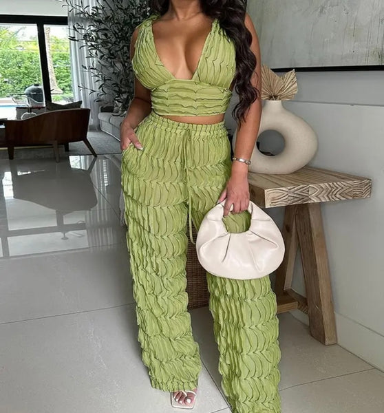 Women Sexy V-Neck Sleeveless Two Piece Pant Set