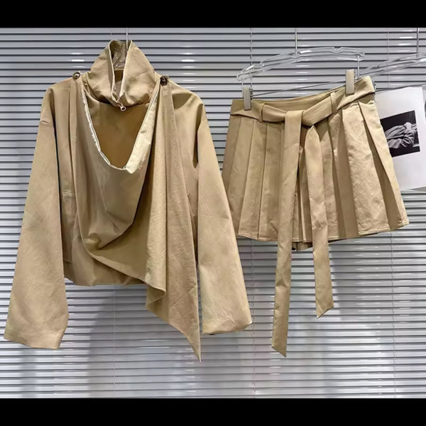 Women Fashion Khaki Draped Full Sleeve Two Piece Pleated Skirt Set