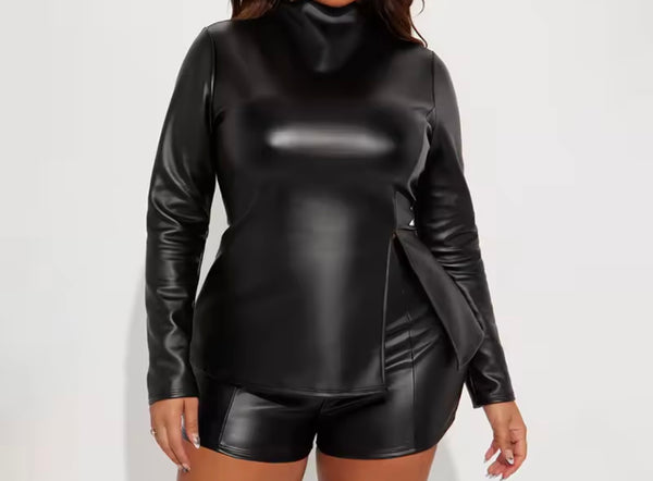 Women Fashion Faux Leather Full Sleeve Two Piece Short Set