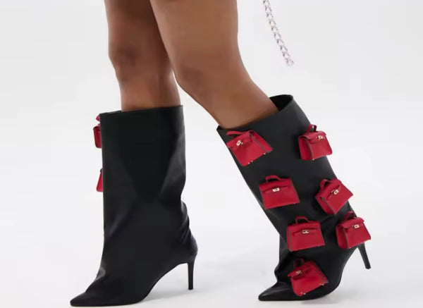 Women Fashion Black/Red Purse Patchwork Knee High Boots