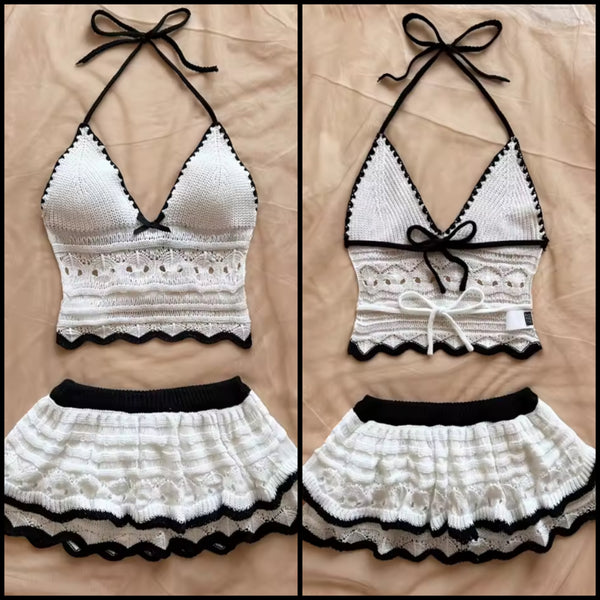 Women Sexy Halter Sleeveless B&W Knitted Two Piece Skirt Set
