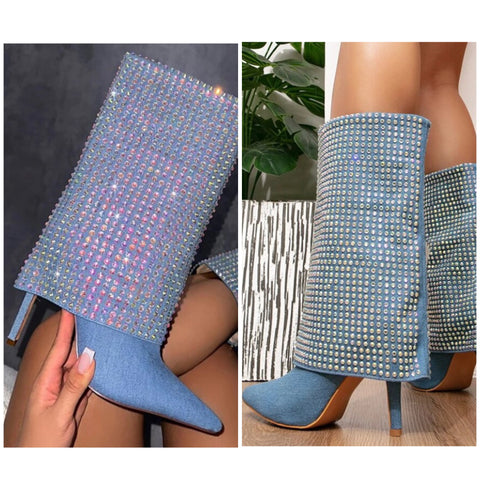 Women Pointed Toe Bling Denim Fashion Boots