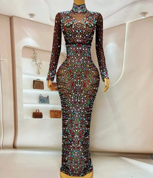 Women Sexy Mesh Colorful Crystal Full Sleeve Maxi Dress