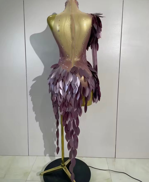 Women Purple One Shoulder Sequins Rhinestone Mesh Dress