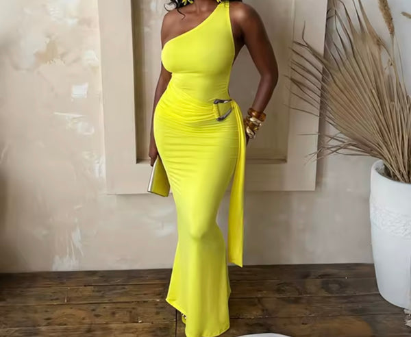 Women Sexy One Shoulder Open Back Sleeveless Maxi Dress
