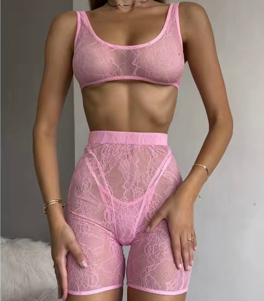 Women Pink Sleeveless Sexy Lace Three Piece Lingerie Set