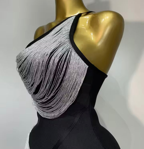 Women Black One Shoulder Sleeveless Fringe Tassel Dress