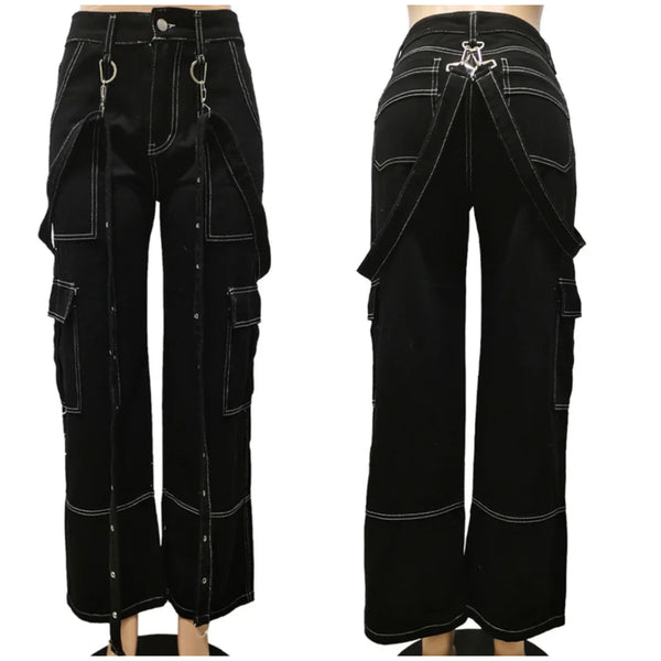 Women Fashion Suspenders Cargo Denim Pants