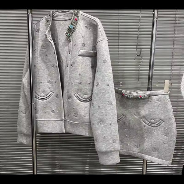 Women Fashion Rhinestone Button Up Two Piece Skirt Set