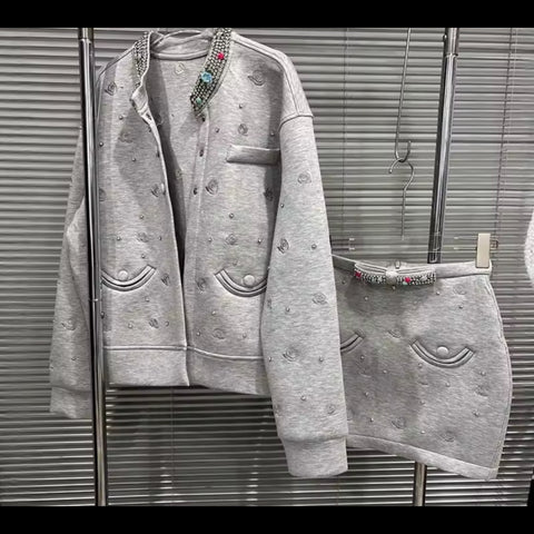 Women Fashion Rhinestone Button Up Two Piece Skirt Set