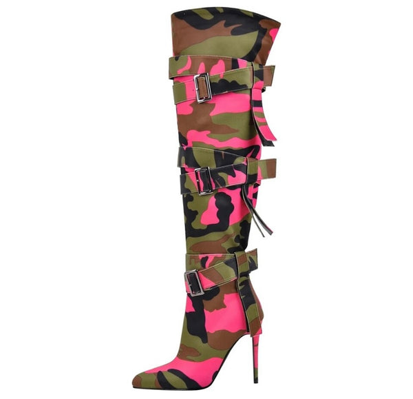 Women Fashion Camouflage Buckled Knee High Boots