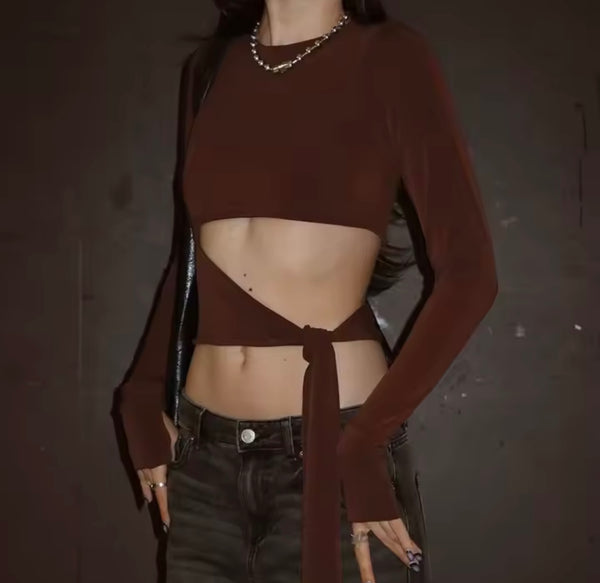 Women Fashion Full Sleeve Cut Out Tie Up Tassel Crop Top