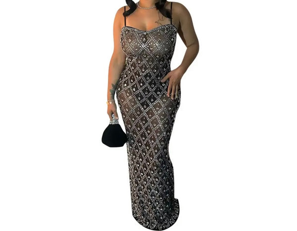 Women Sexy Sleeveless Bling Crystal Mesh Maxi Dress