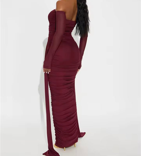 Women Sexy Off The Shoulder Mesh Full Sleeve Ruched Maxi Dress
