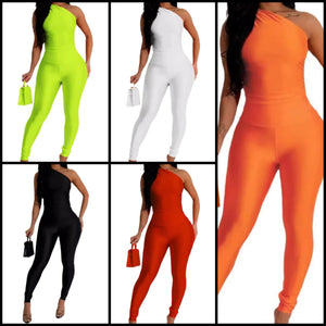 Women Sexy Solid Color One Shoulder Sleeveless Jumpsuit