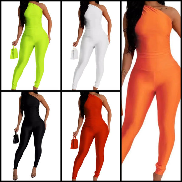 Women Sexy Solid Color One Shoulder Sleeveless Jumpsuit