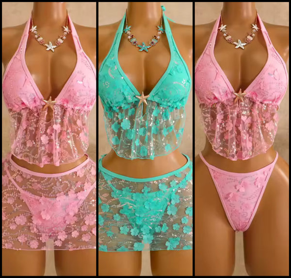 Women Sexy Floral Halter Bikini Cover Up Set
