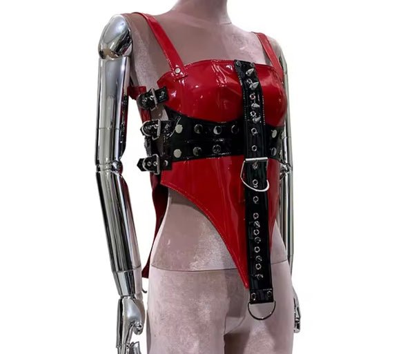 Women Red Sleeveless Fashion PU Leather Buckled Top
