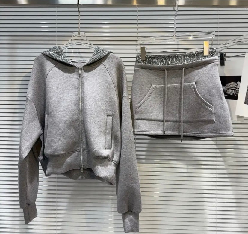 Women Fashion Gray Hooded Zip Up Two Piece Skirt Set