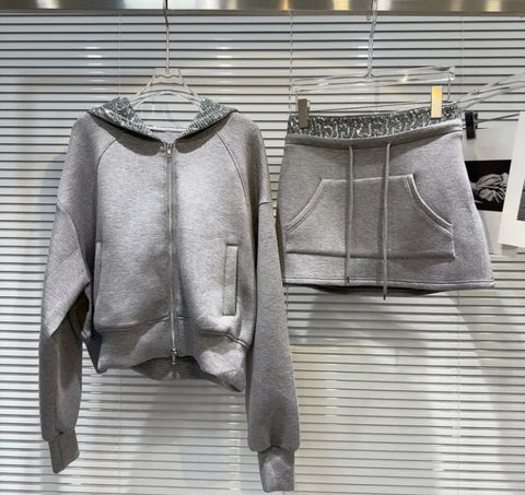 Women Fashion Gray Hooded Zip Up Two Piece Skirt Set