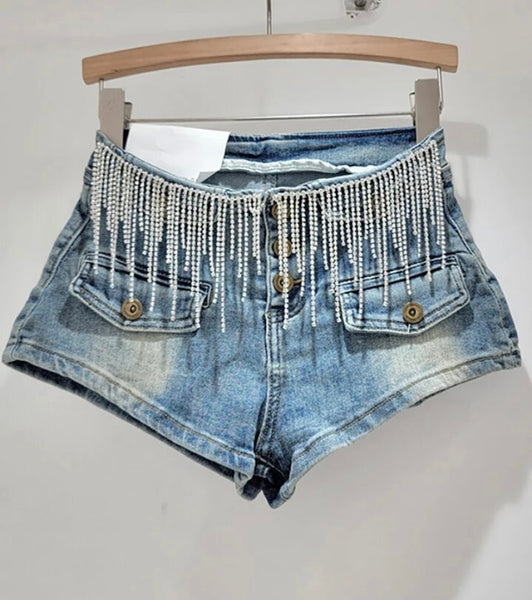 Women Fashion Pocket Rhinestone Tassel Denim Shorts