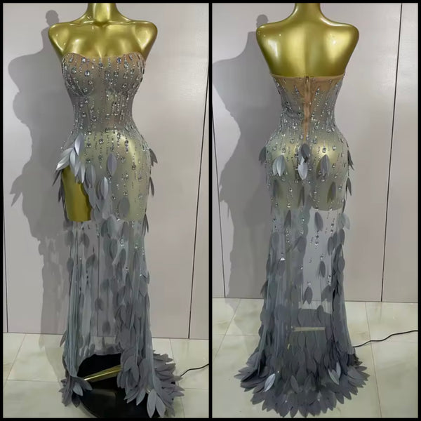 Women Silver Strapless Sequins Rhinestone Side Split Maxi Dress