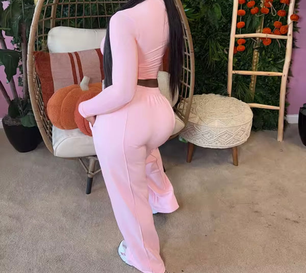 Women Fashion Solid Color Full Sleeve Two Piece Pant Set