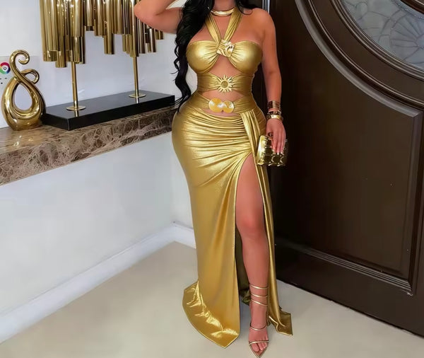 Women Sexy Metallic Halter Sleeveless Cut Out Maxi Dress