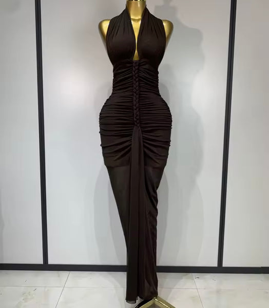 Women Sexy Halter Sleeveless Ruched Brown Maxi Dress